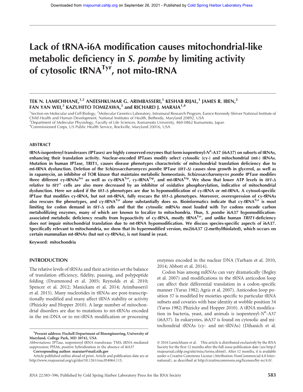 Lack of Trna-I6a Modification Causes Mitochondrial-Like Metabolic Deficiency in S