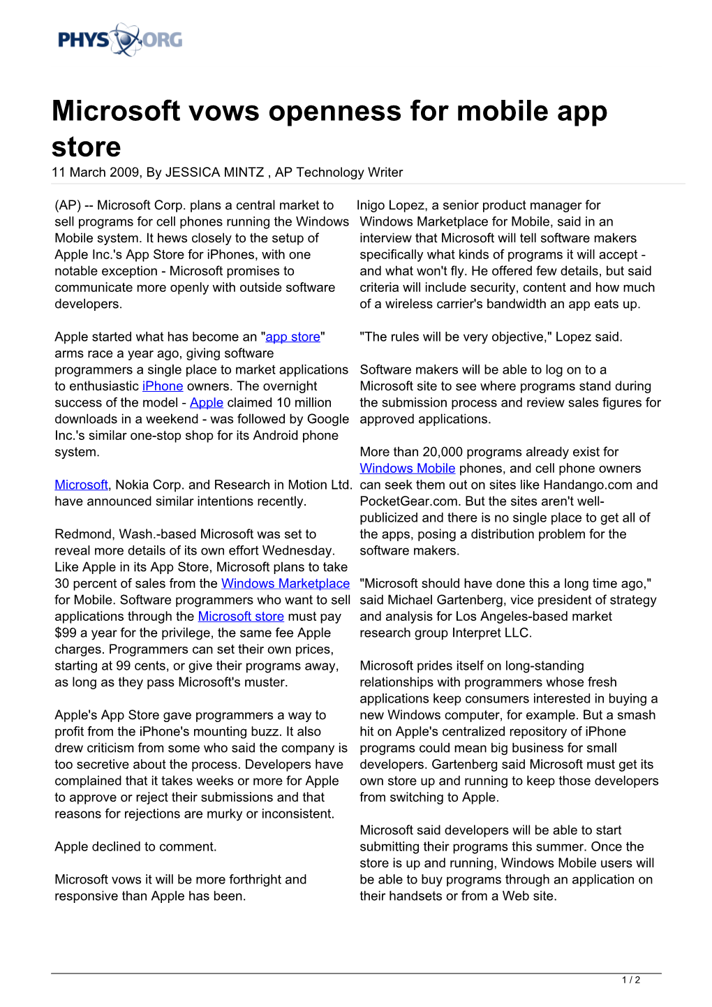 Microsoft Vows Openness for Mobile App Store 11 March 2009, by JESSICA MINTZ , AP Technology Writer