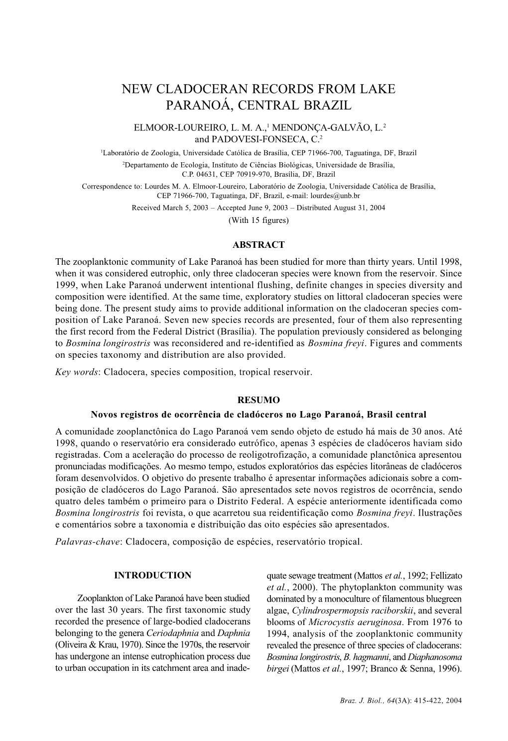 New Cladoceran Records from Lake Paranoá, Central Brazil