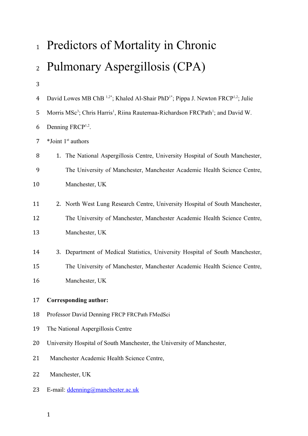 Predictors of Mortality in Chronic Pulmonary Aspergillosis (CPA)