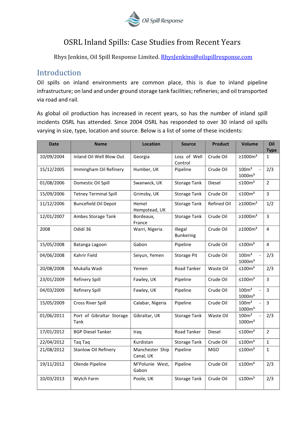 OSRL Inland Spills: Case Studies from Recent Years Introduction