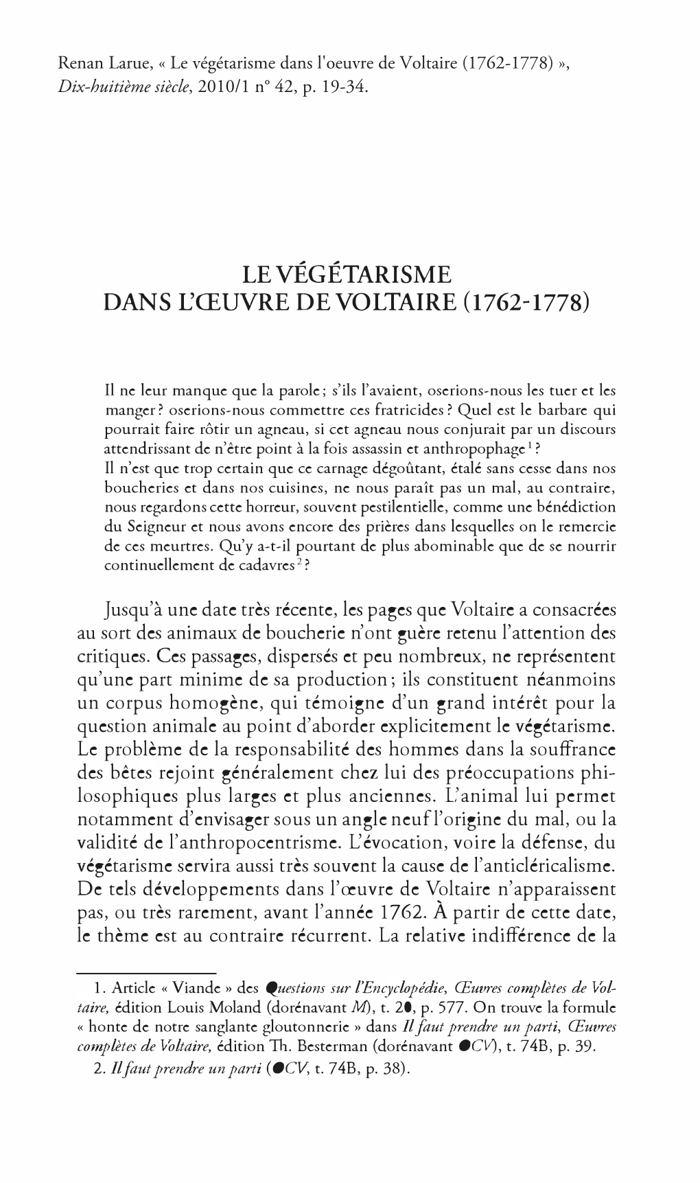 Le Végétarisme Dans L'œuvre De Voltaire (1762-1778)