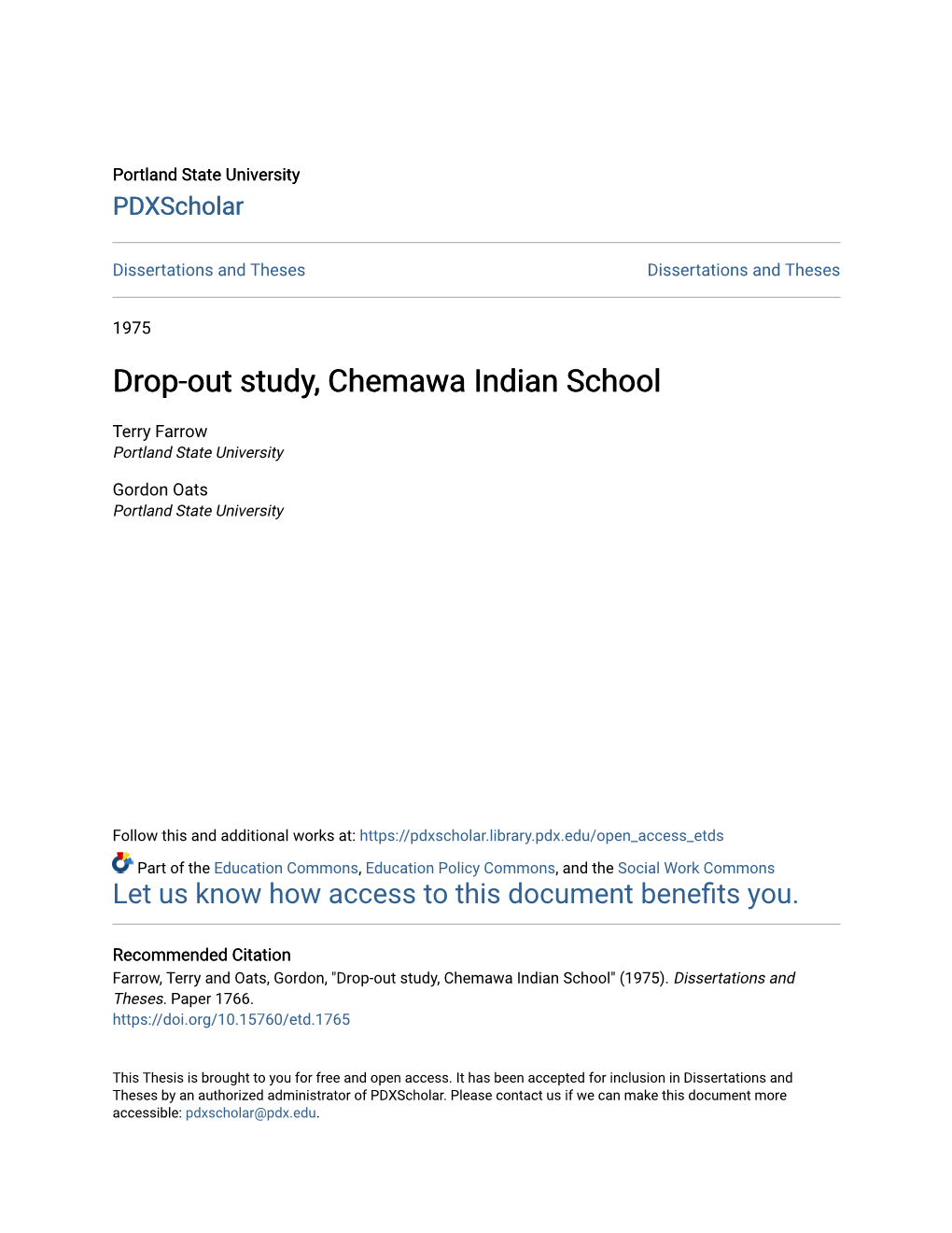 Drop-Out Study, Chemawa Indian School