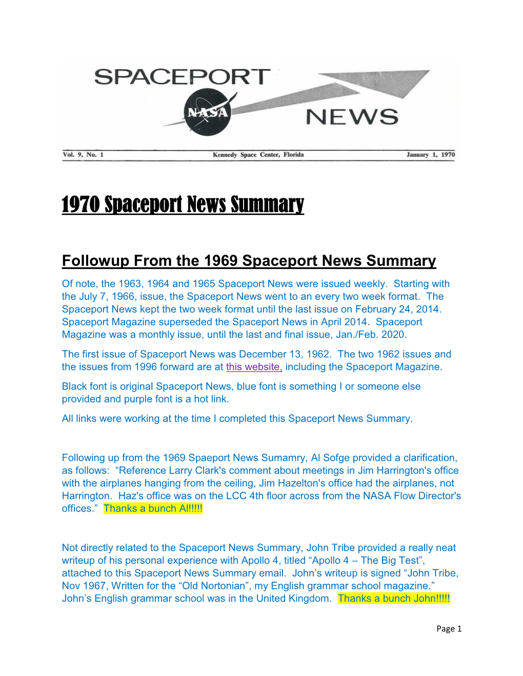 1970 Spaceport News Summary