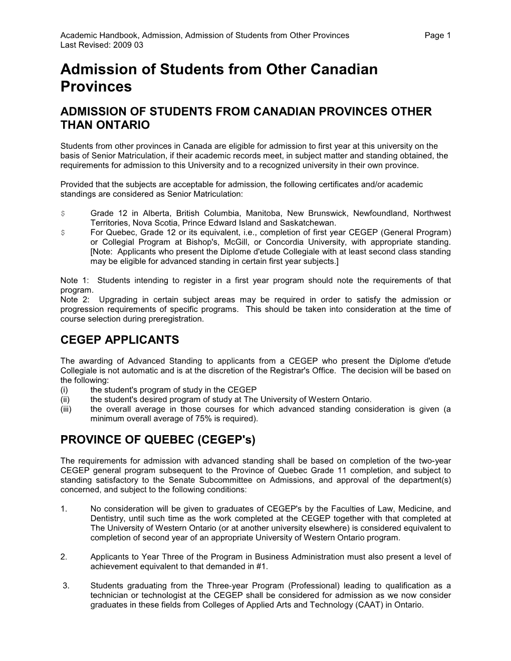 Admission of Students from Other Canadian Provinces