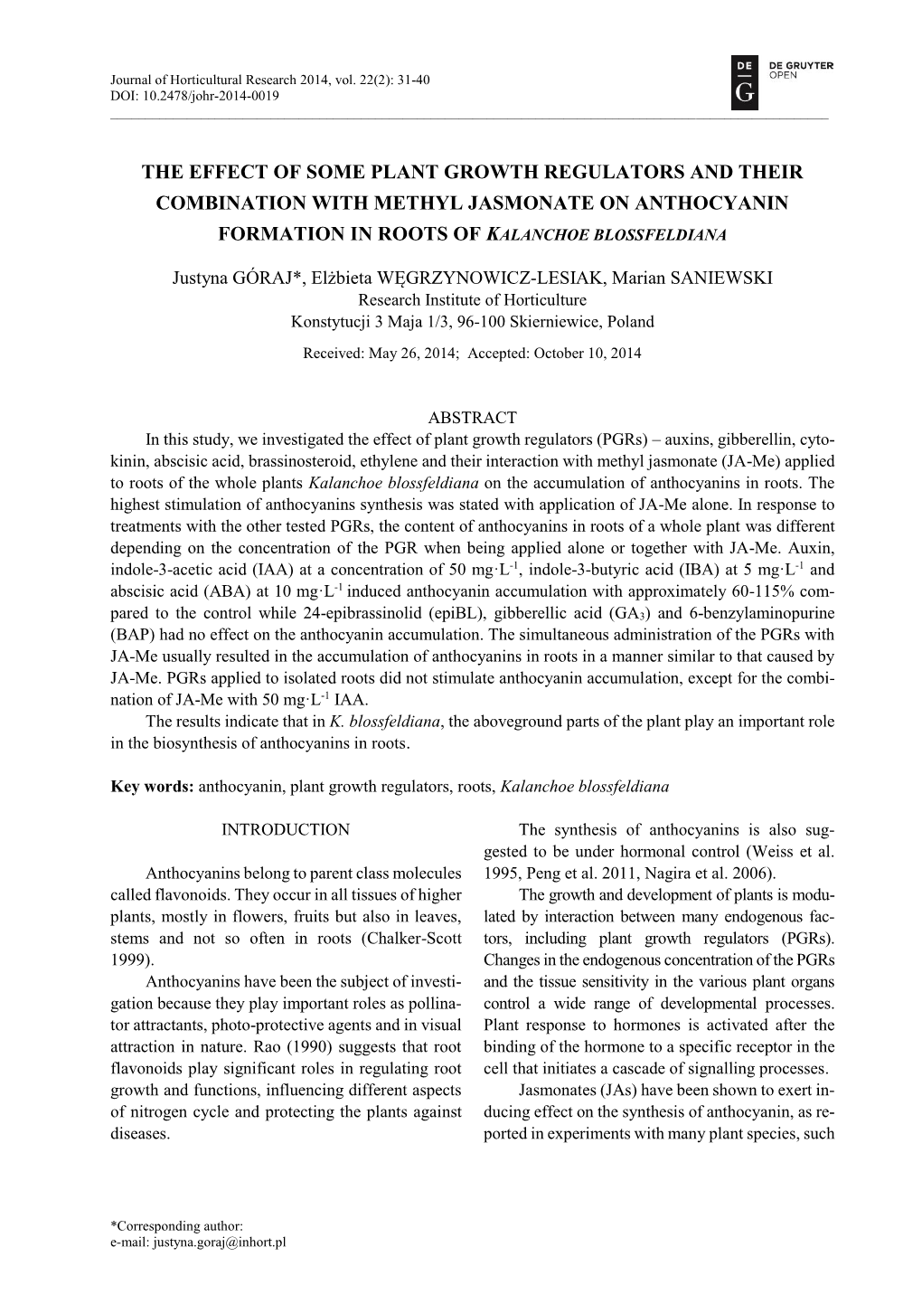 The Effect of Some Plant Growth Regulators and Their Combination with Methyl Jasmonate on Anthocyanin Formation in Roots of Kalanchoe Blossfeldiana