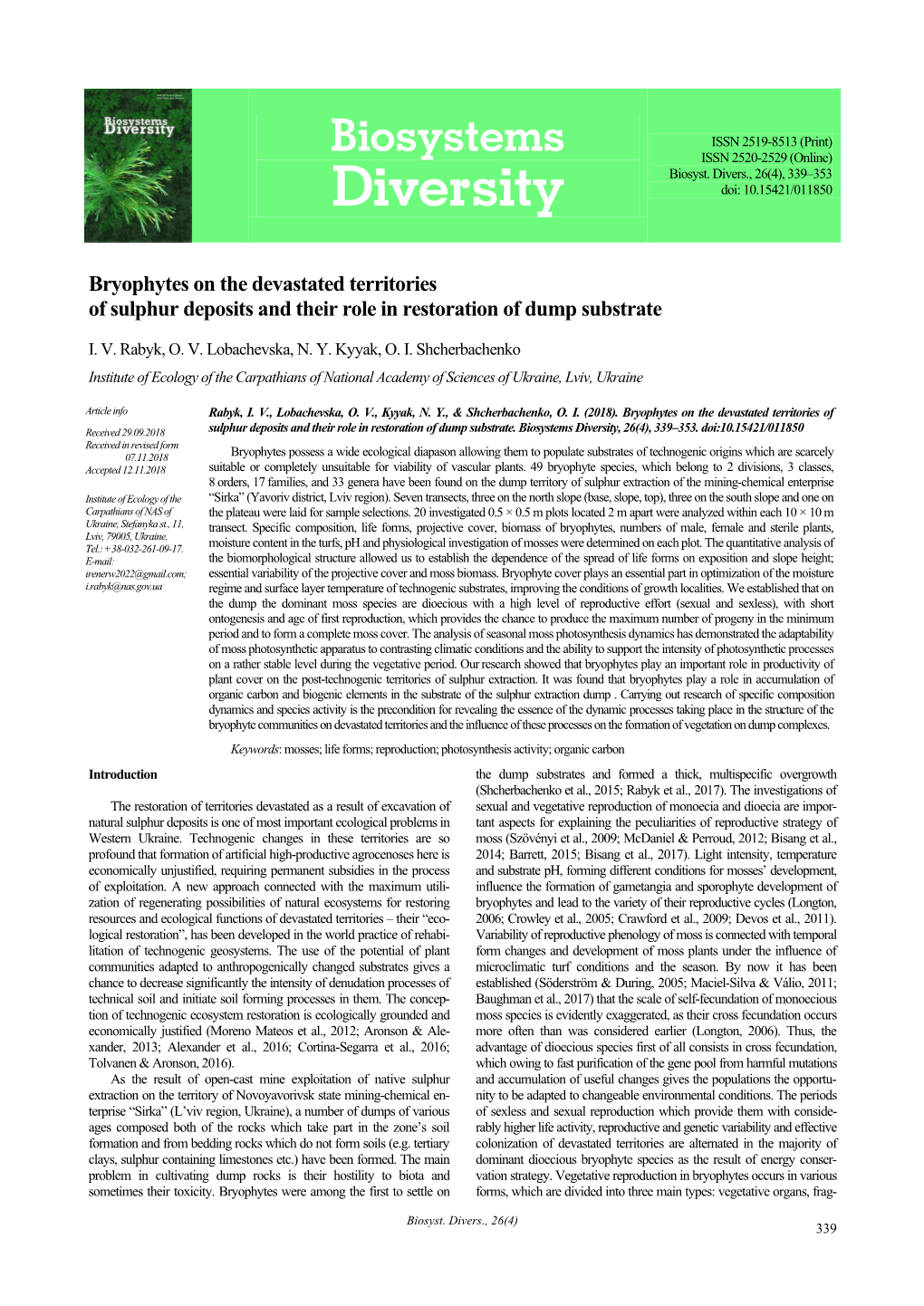 Biosystems Diversity, 26(4), 339–353