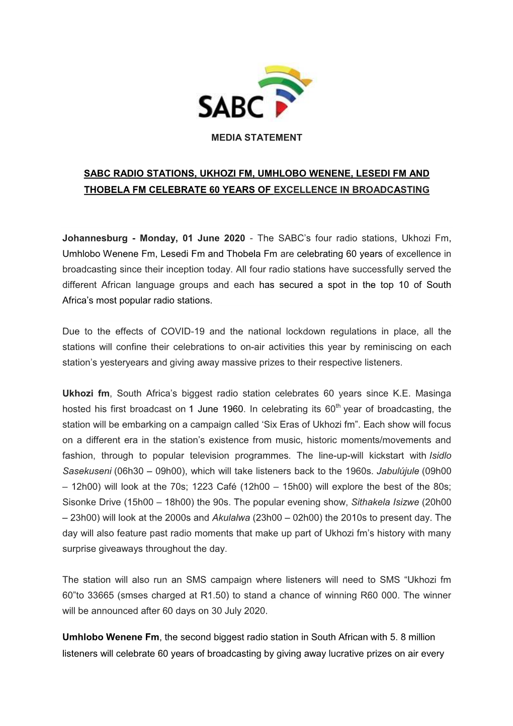 Sabc Radio Stations, Ukhozi Fm, Umhlobo Wenene, Lesedi Fm and Thobela Fm Celebrate 60 Years of Excellence in Broadcasting