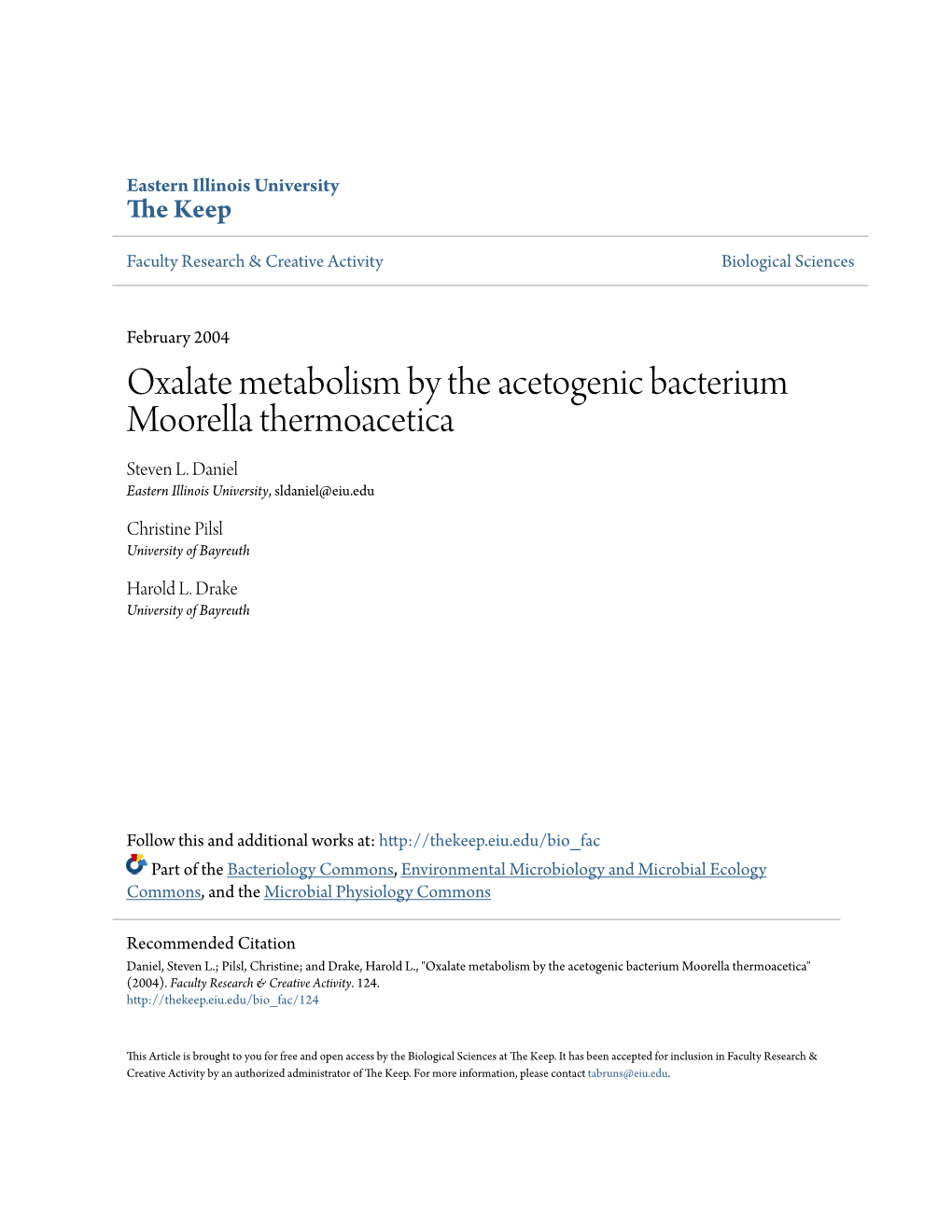 Oxalate Metabolism by the Acetogenic Bacterium Moorella Thermoacetica Steven L