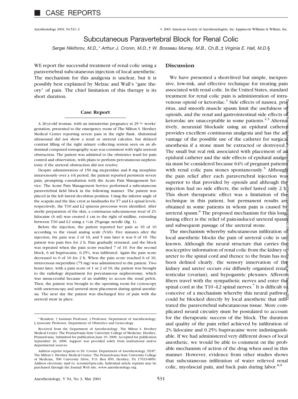 CASE REPORTS Subcutaneous Paravertebral Block for Renal Colic