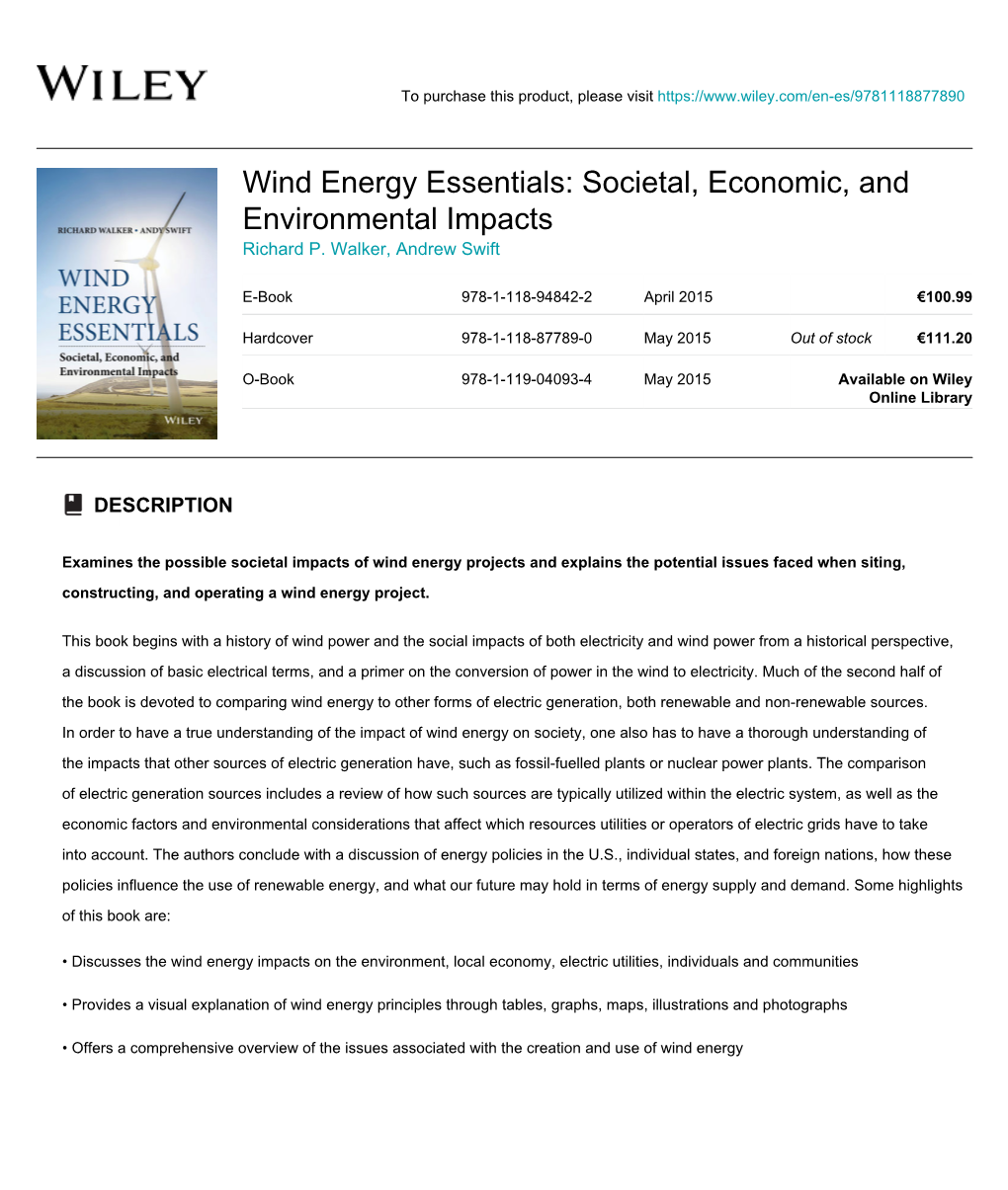 Wind Energy Essentials: Societal, Economic, and Environmental Impacts Richard P