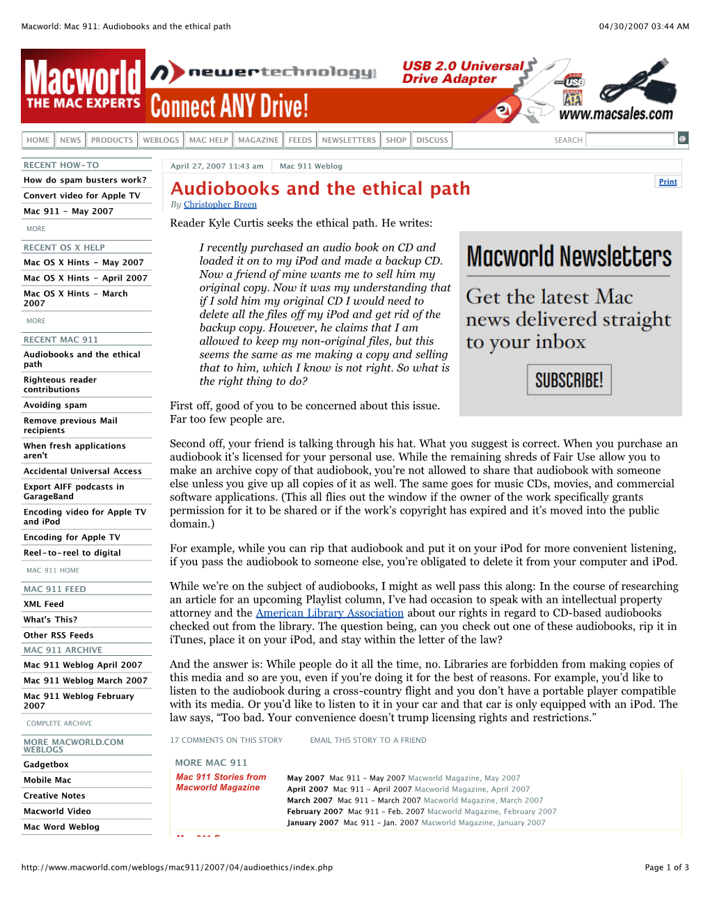 Macworld: Mac 911: Audiobooks and the Ethical Path 04/30/2007 03:44 AM