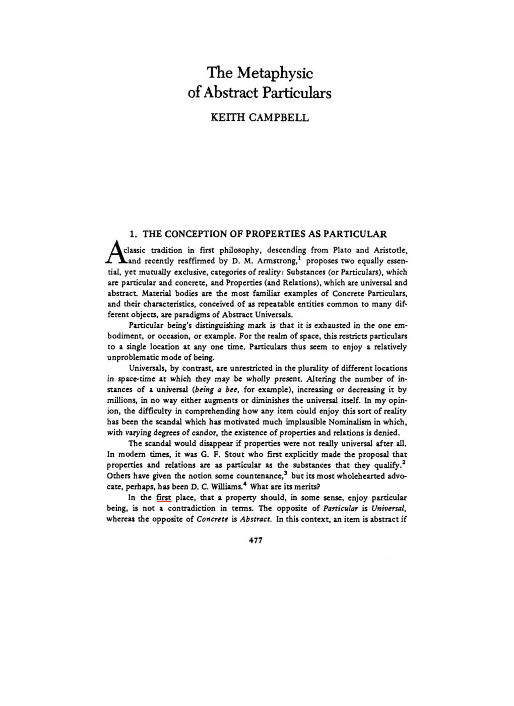 The Metaphysic of Abstract Particulars KEITH CAMPBELL