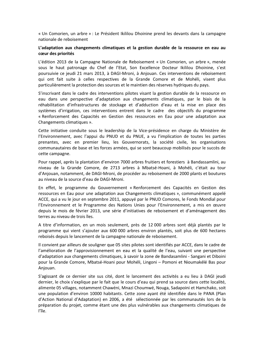 « Un Comorien, Un Arbre » : Le Président Ikililou Dhoinine Prend