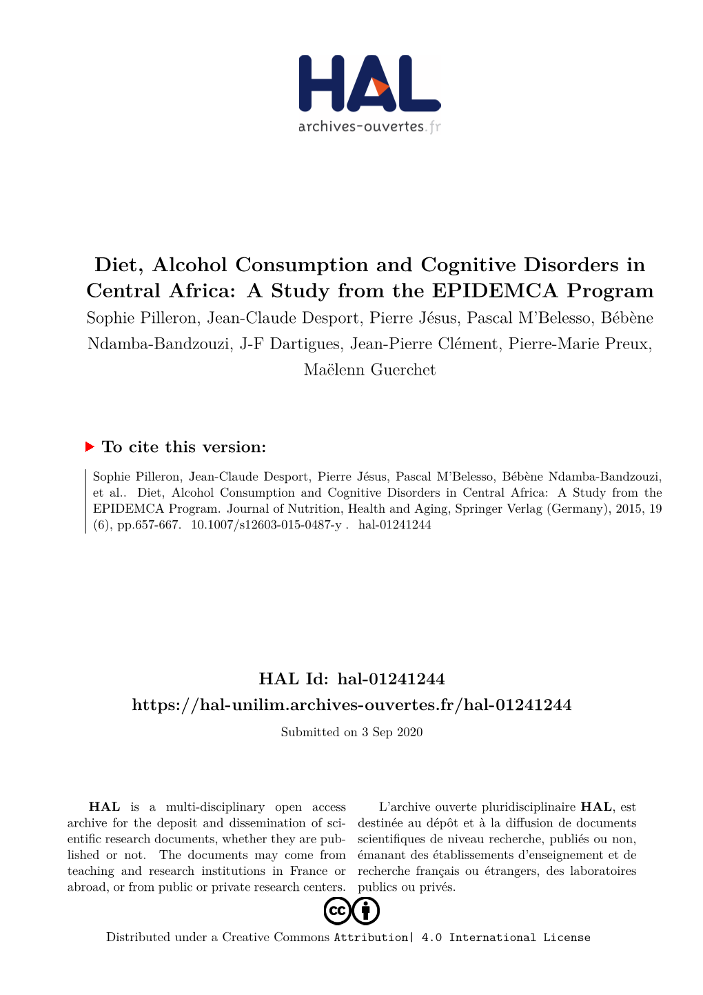 Diet, Alcohol Consumption and Cognitive Disorders in Central Africa