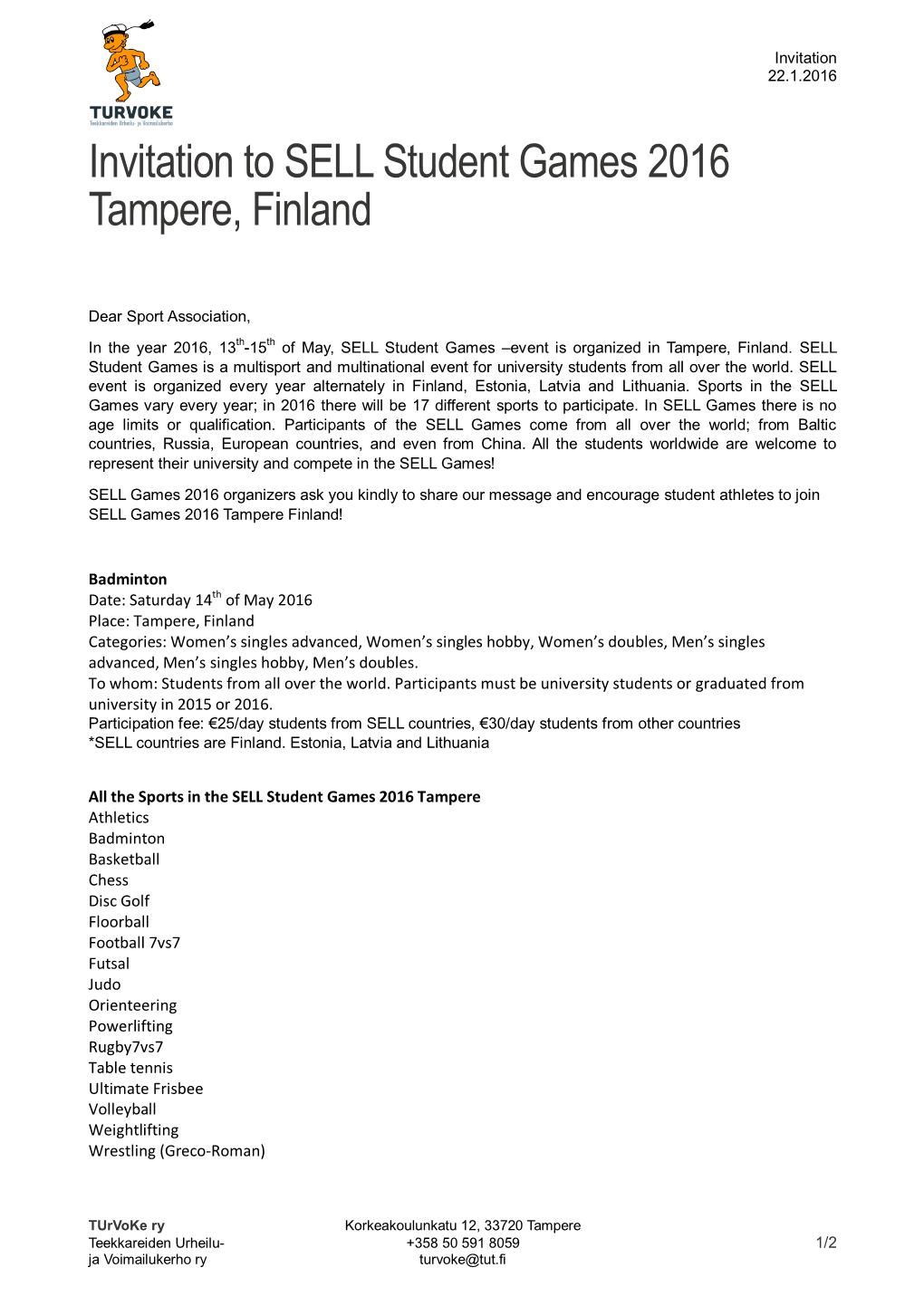 Invitation to SELL Student Games 2016 Tampere, Finland