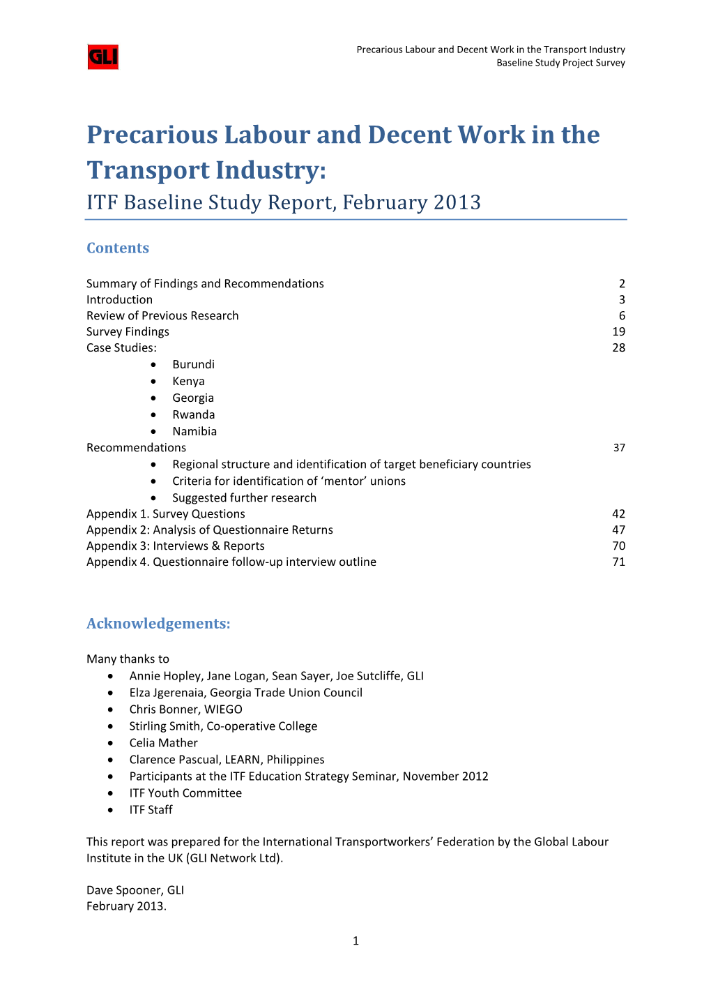 Precarious Labour and Decent Work in the Transport Industry: ITF Baseline Study Report, February 2013