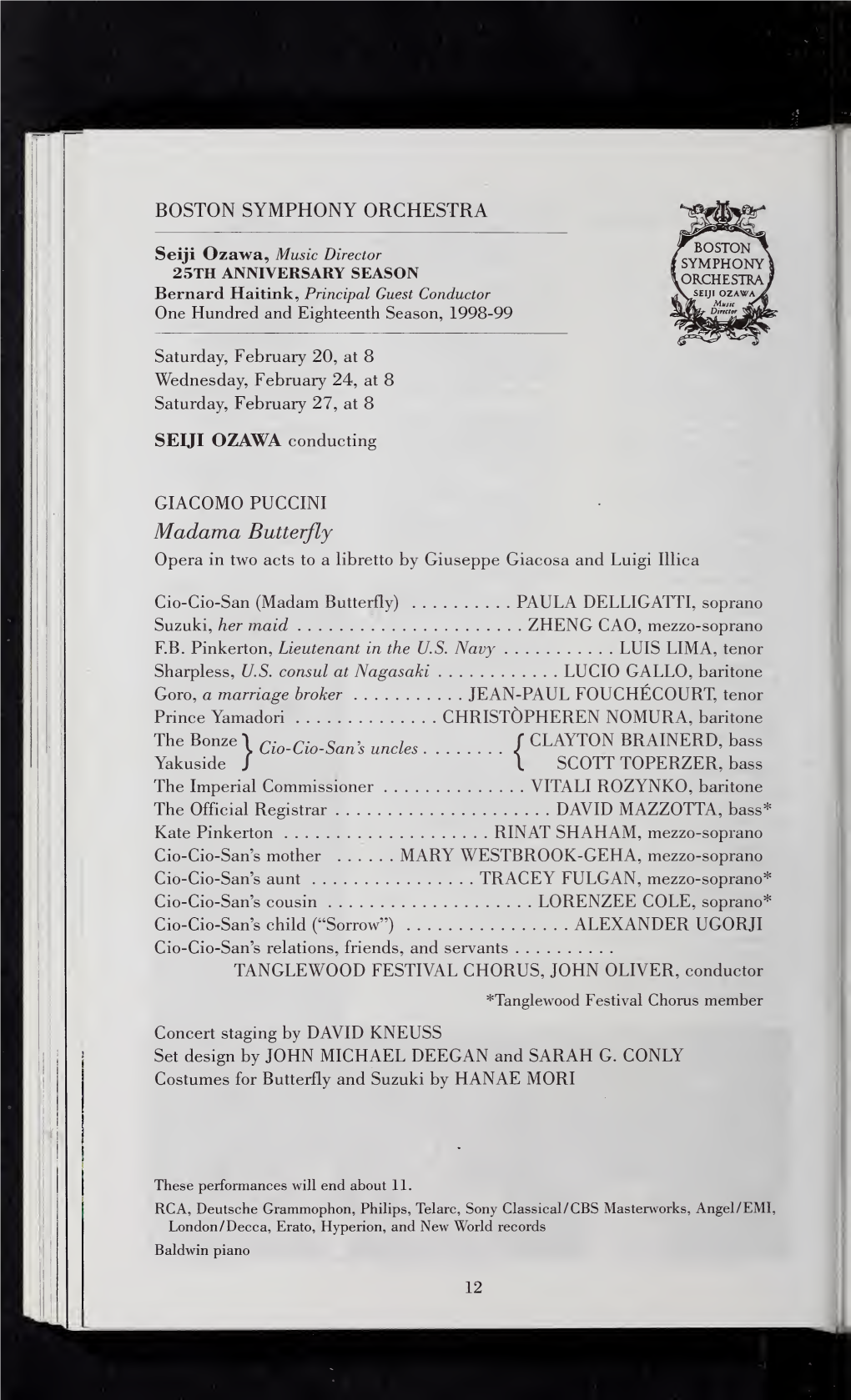 Boston Symphony Orchestra Concert Programs, Season 118, 1998-1999