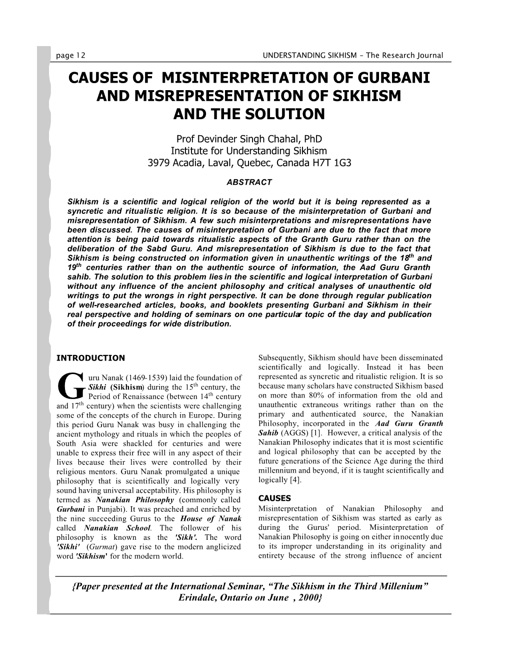 Causes of Misinterpretation of Gurbani and Misrepresentation of Sikhism and the Solution