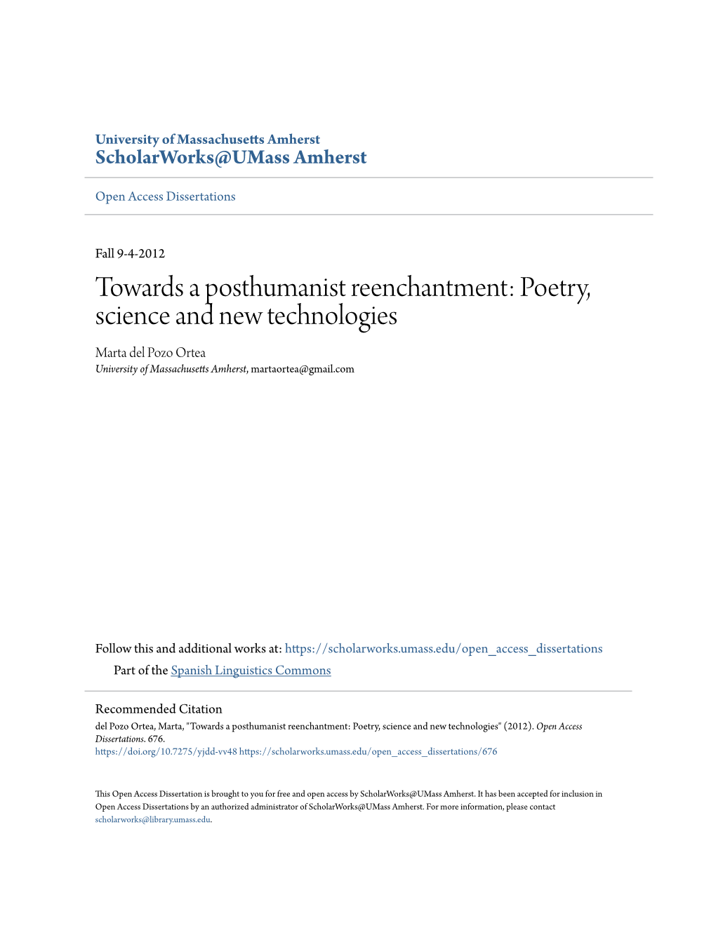 Poetry, Science and New Technologies Marta Del Pozo Ortea University of Massachusetts Amherst, Martaortea@Gmail.Com