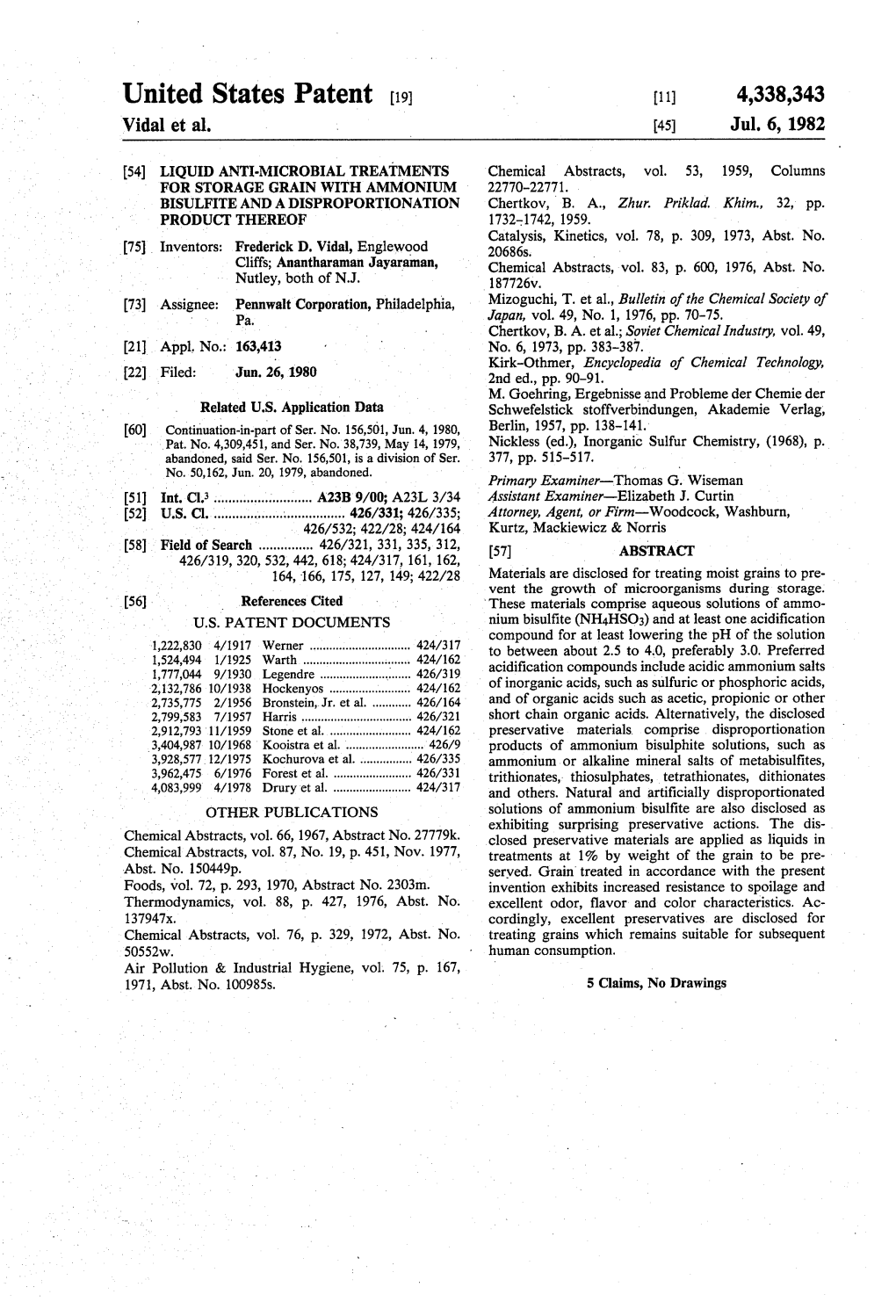 United States Patent (19) 11) 4,338,343 Vidal Et Al