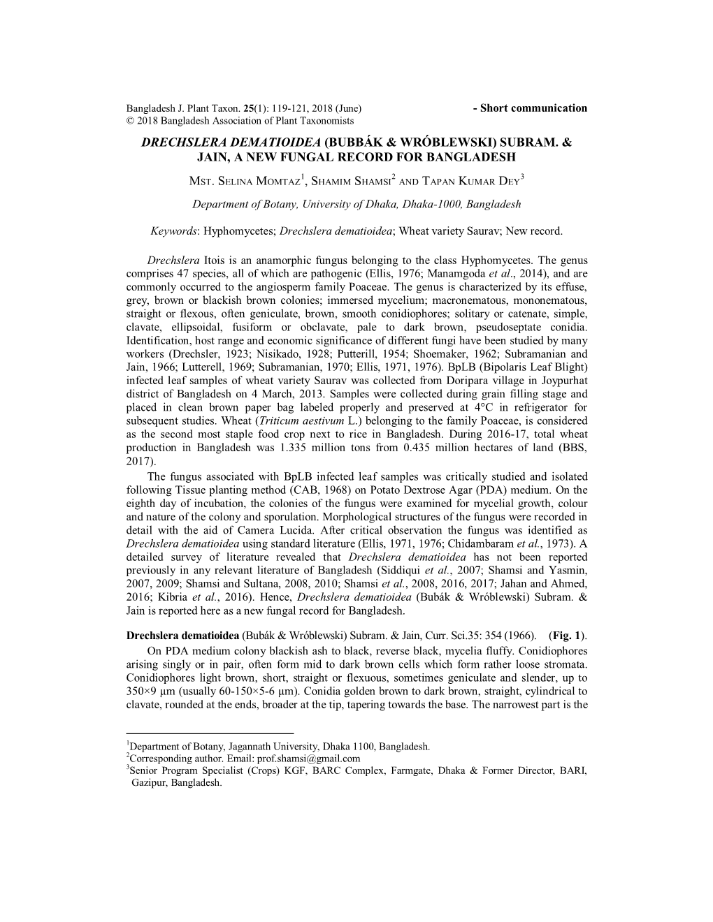 Drechslera Dematioidea (Bubbák & Wróblewski) Subram. & Jain, a New Fungal Record for Bangladesh