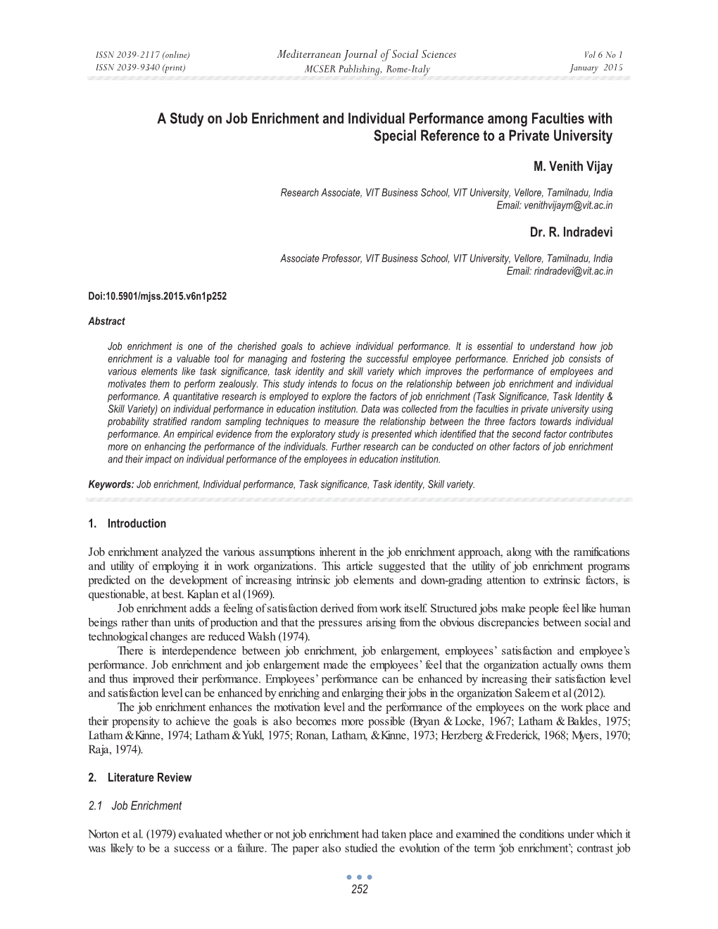 A Study on Job Enrichment and Individual Performance Among Faculties with Special Reference to a Private University