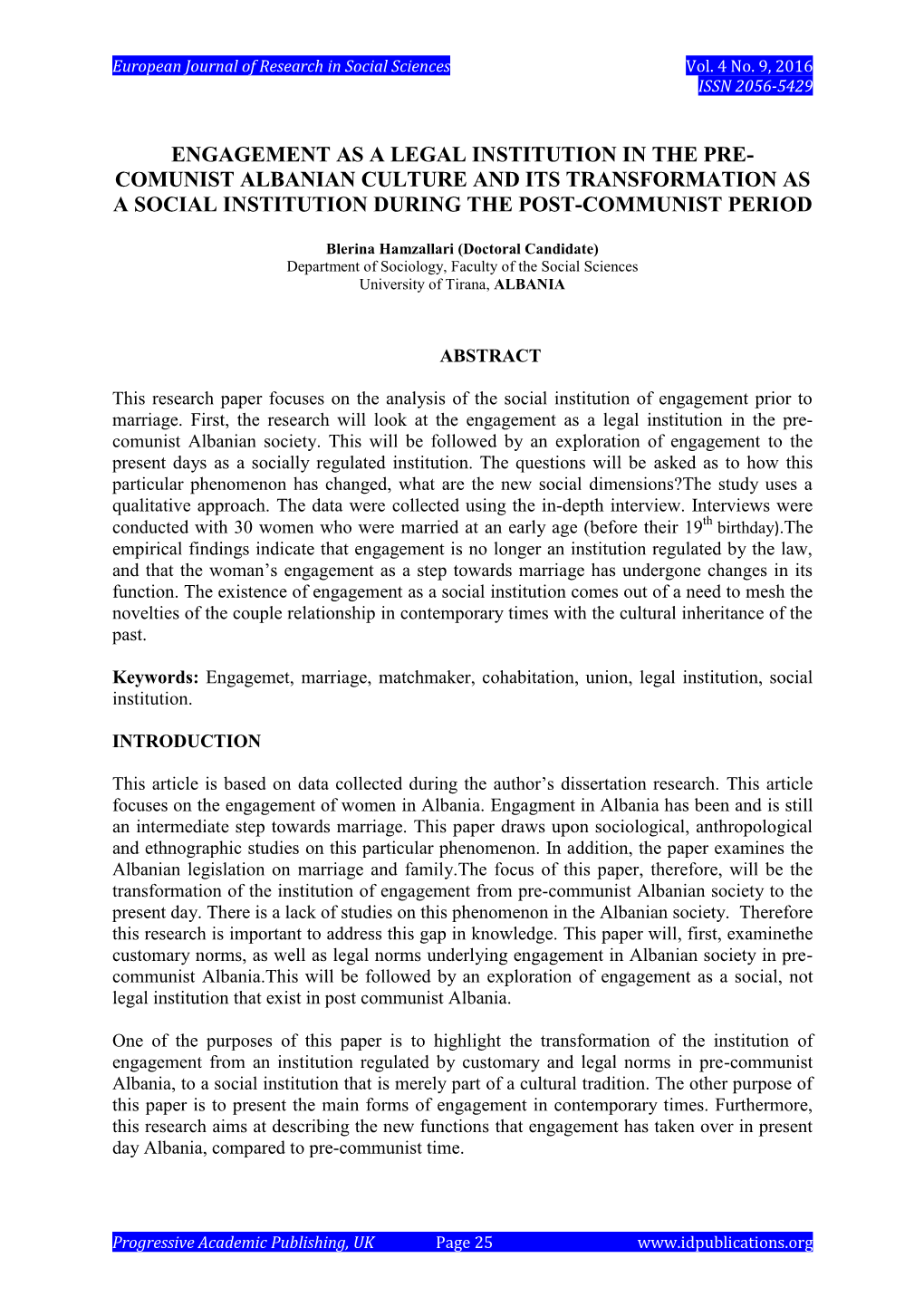 Engagement As a Legal Institution in the Pre- Comunist Albanian Culture and Its Transformation As a Social Institution During the Post-Communist Period