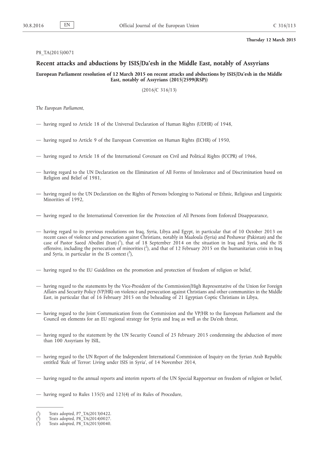 European Parliament Resolution of 12 March 2015 On