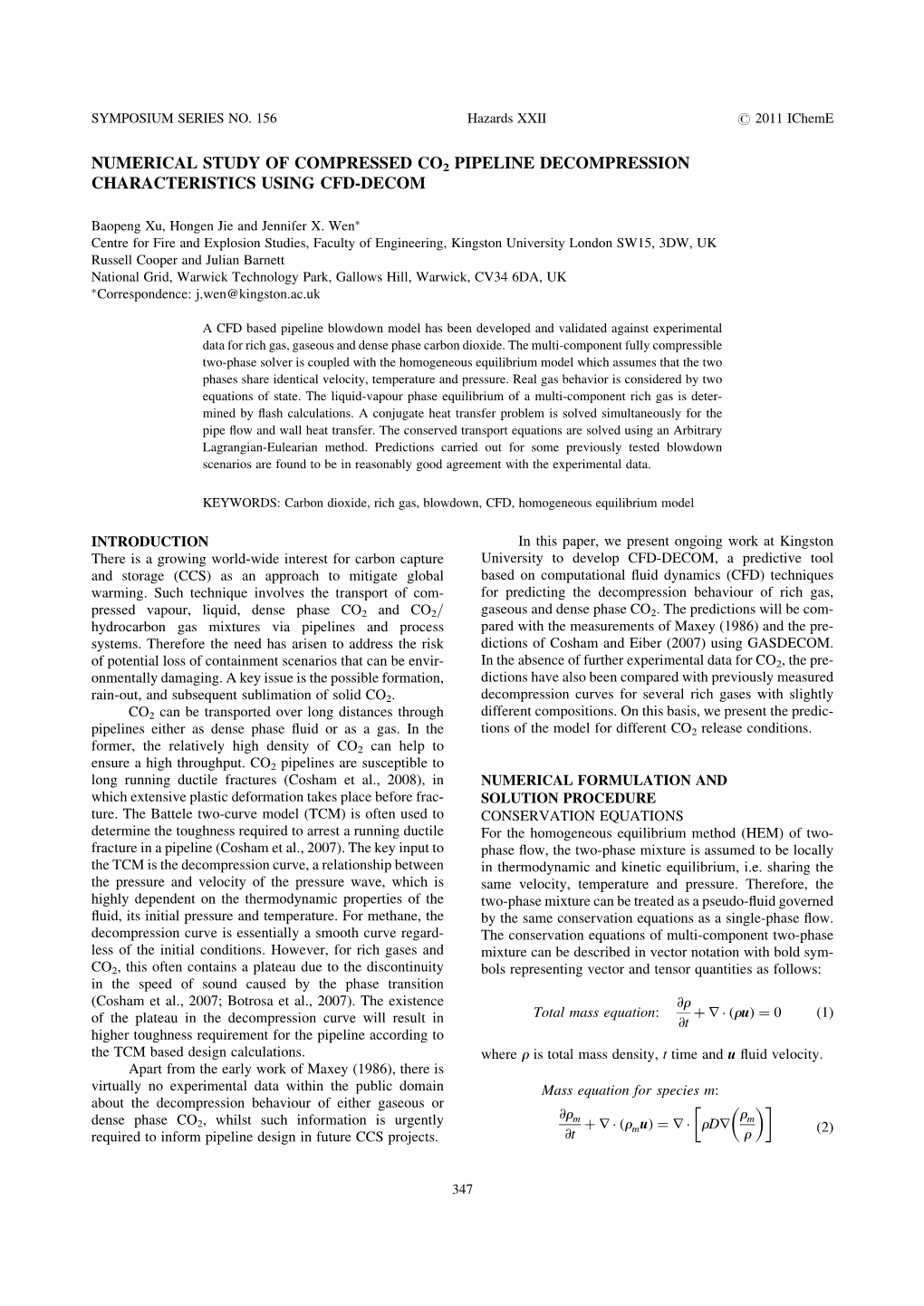 Numerical Study of Compressed Co2 Pipeline Decompression Characteristics Using Cfd-Decom