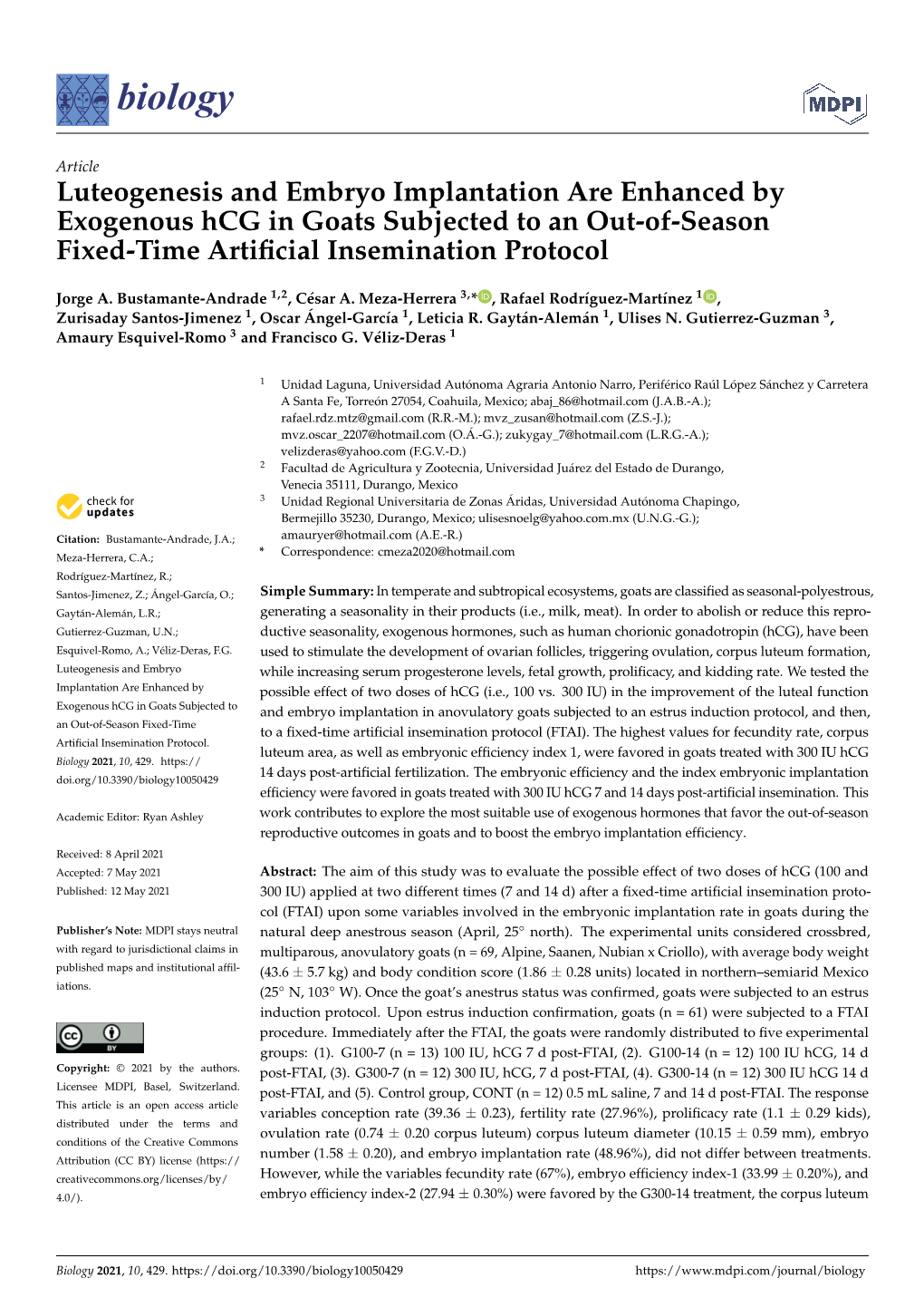 Luteogenesis and Embryo Implantation Are Enhanced by Exogenous Hcg in Goats Subjected to an Out-Of-Season Fixed-Time Artiﬁcial Insemination Protocol