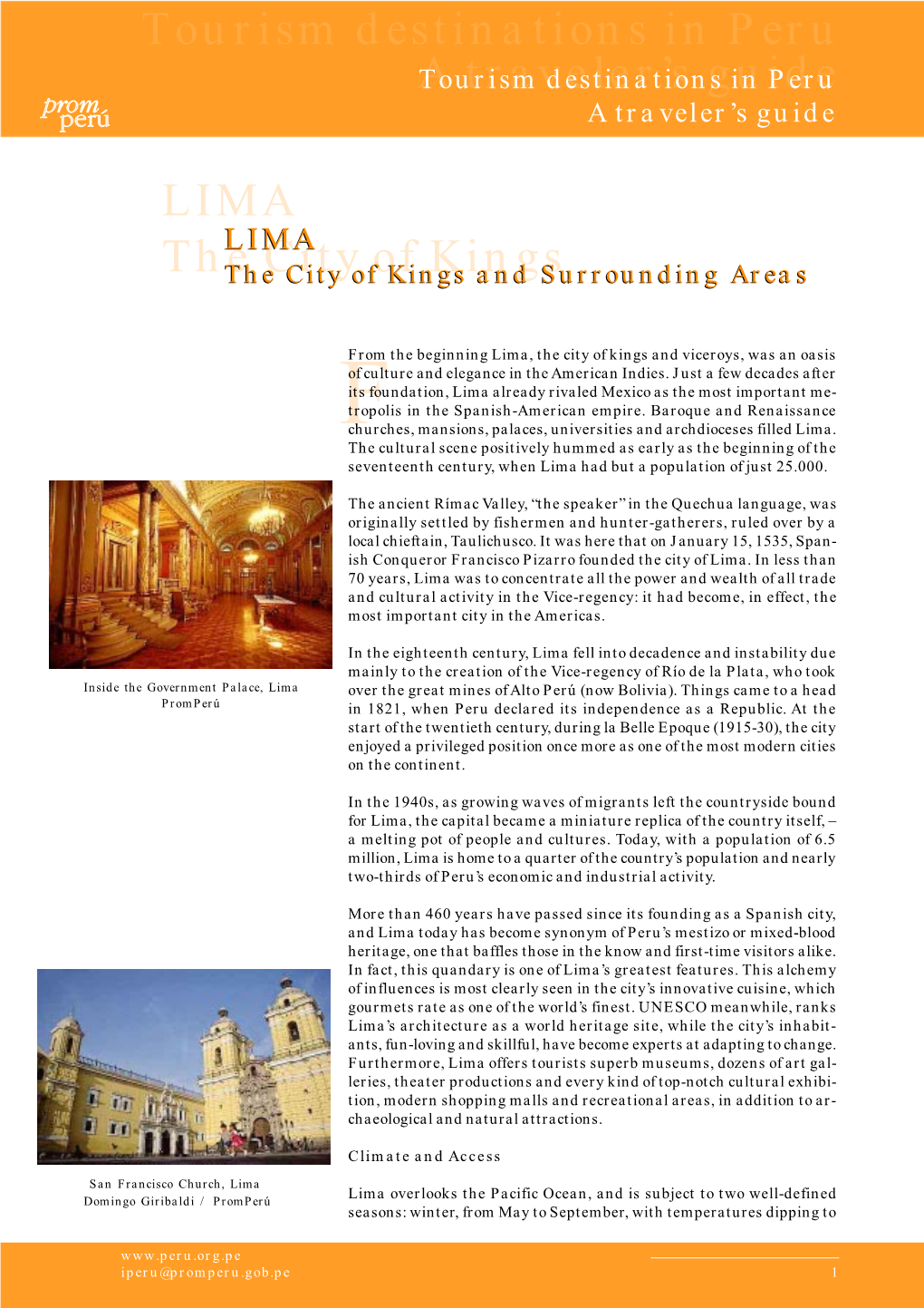 Tourism Destinations in Peru a Traveler's Guide LIMA the City Of