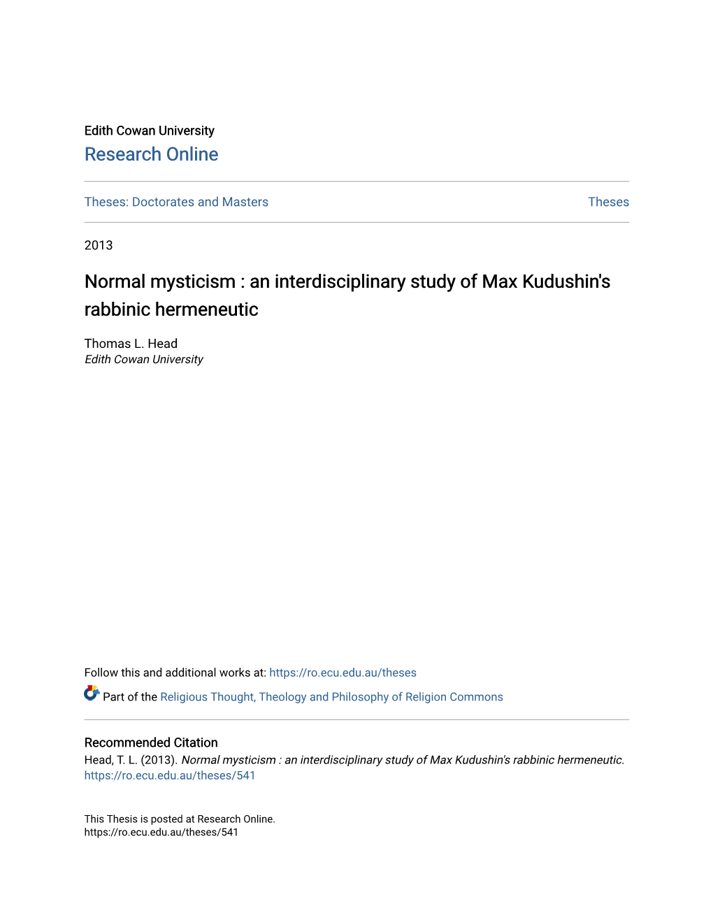 Normal Mysticism : an Interdisciplinary Study of Max Kudushin's Rabbinic Hermeneutic