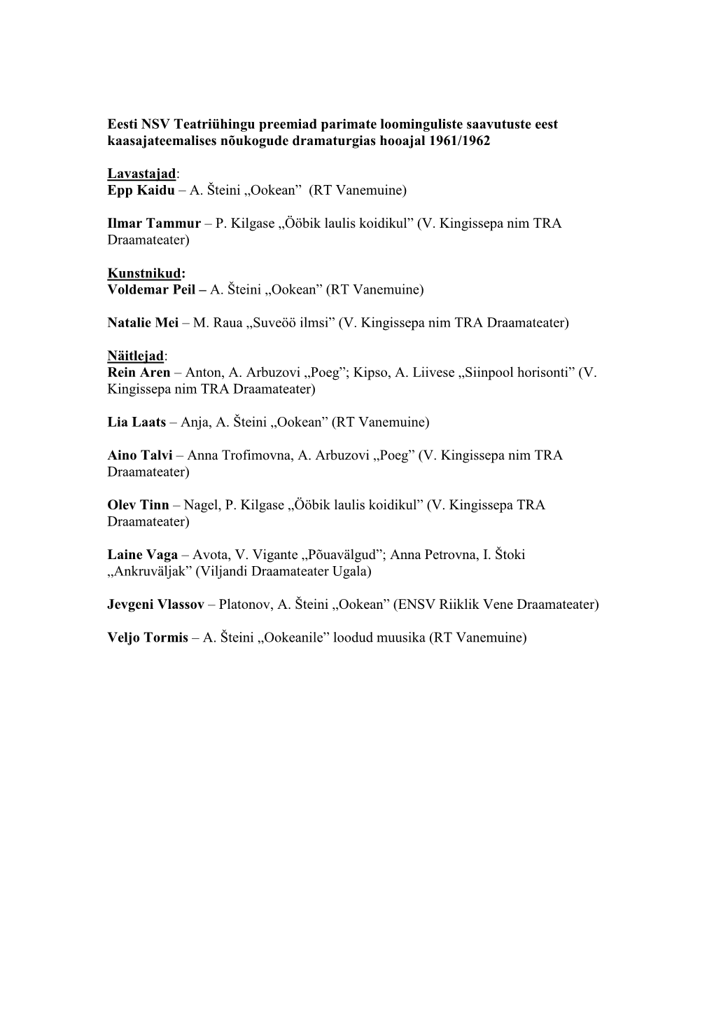 Eesti NSV Teatriühingu Preemiad Parimate Loominguliste Saavutuste Eest Kaasajateemalises Nõukogude Dramaturgias Hooajal 1961/1962