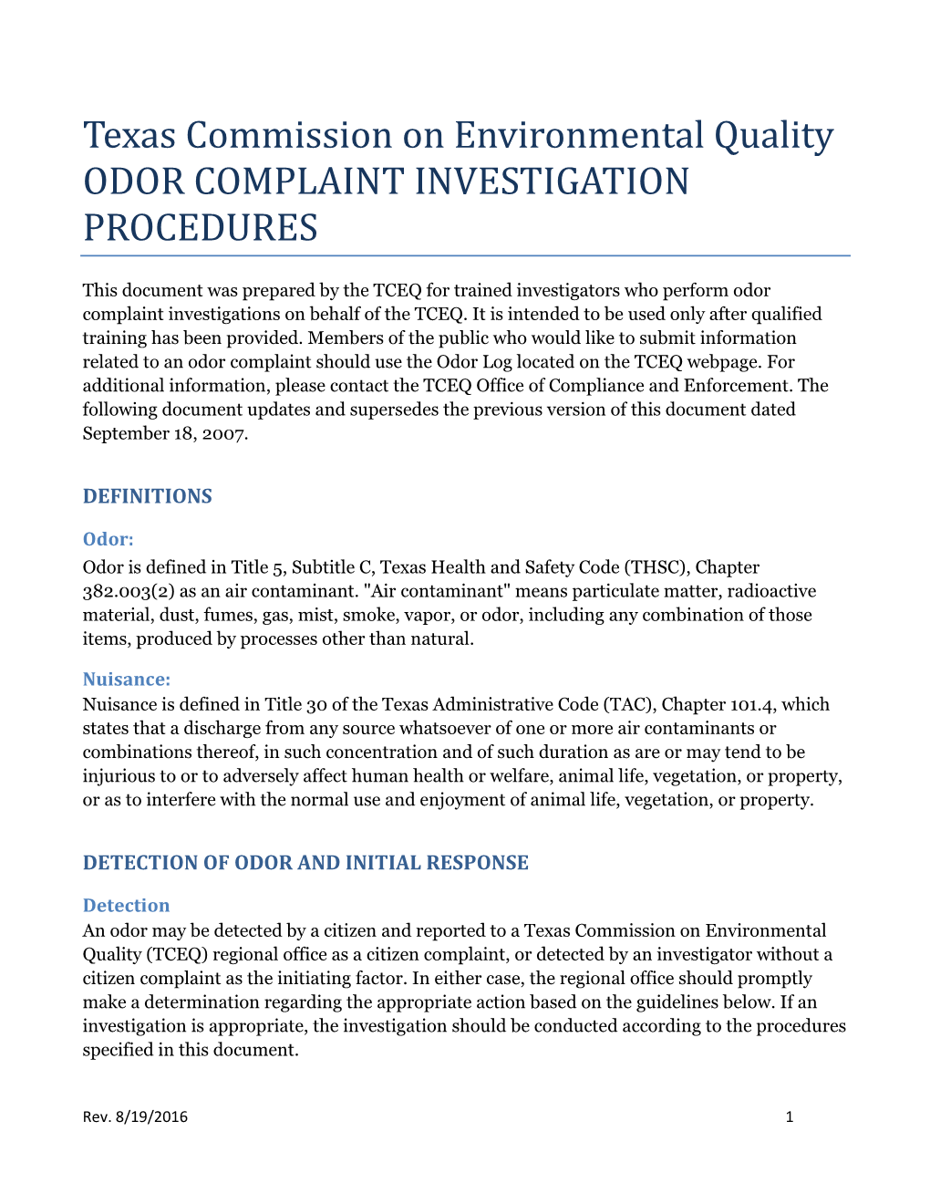 Odor Complaint Investigation Procedures