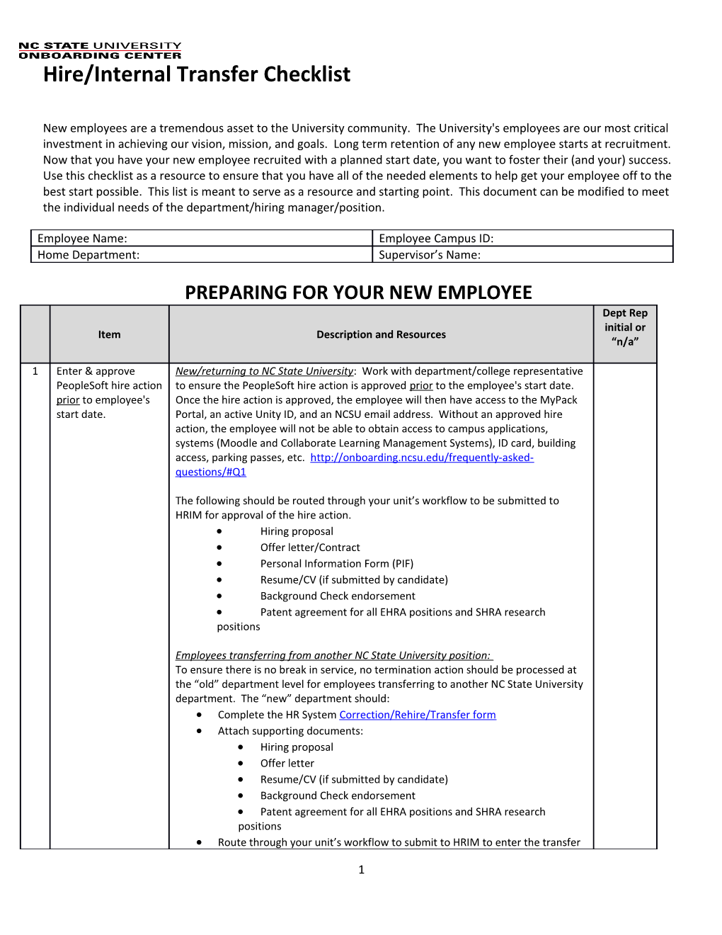 Hire/Internal Transfer Checklist