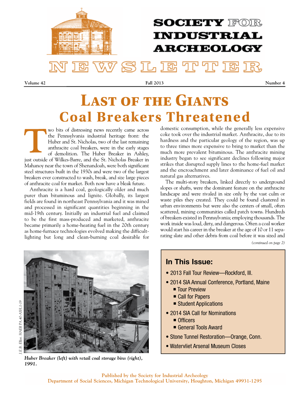 Society for Industrial Archeology Newseltter Vol. 42, No. 4, Fall 2013