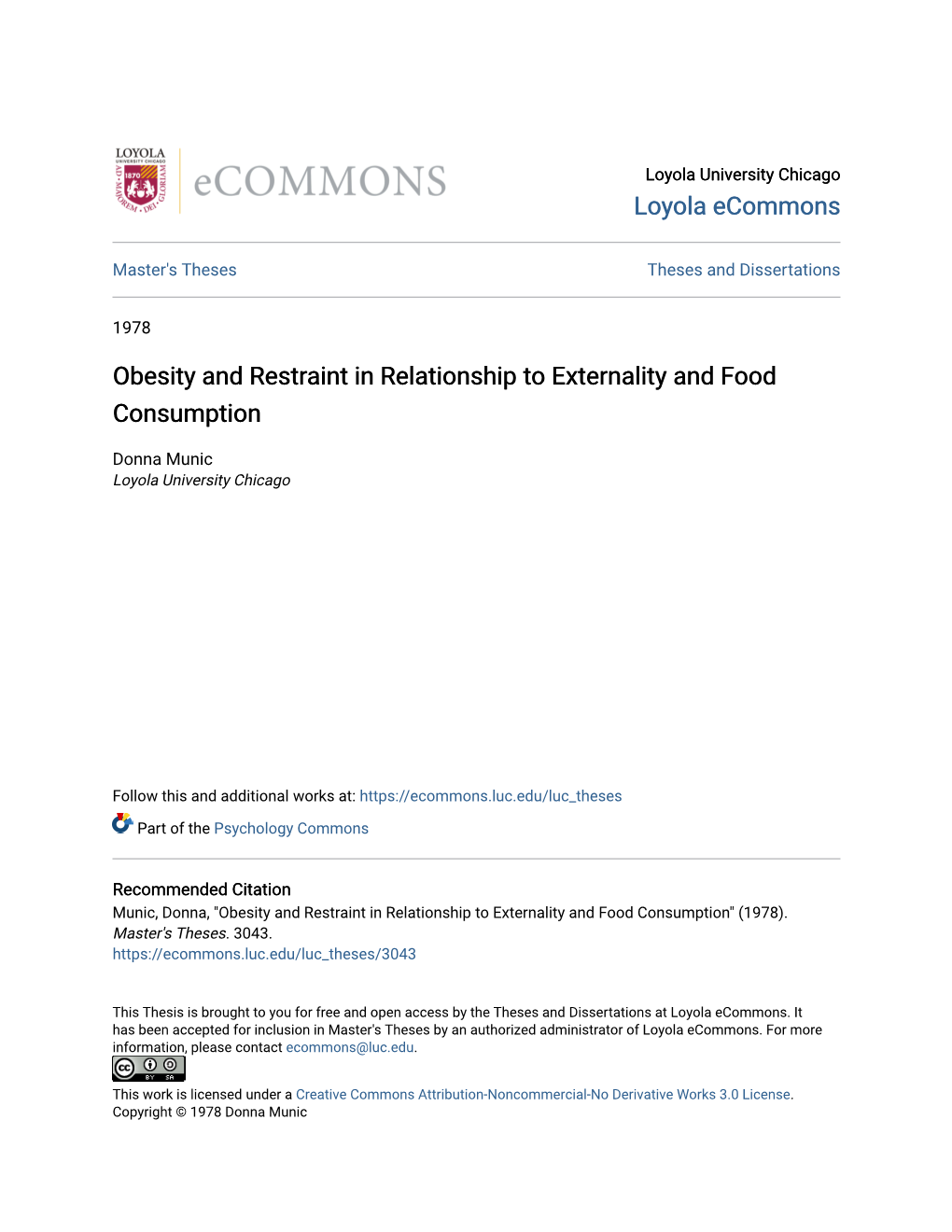 Obesity and Restraint in Relationship to Externality and Food Consumption