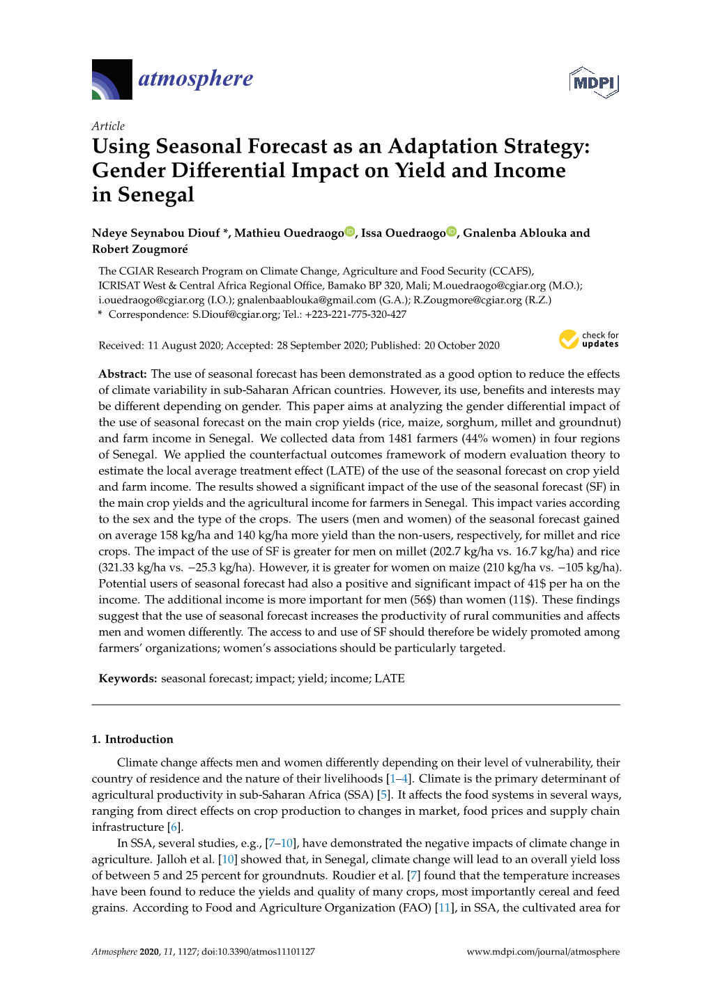 Using Seasonal Forecast As an Adaptation Strategy: Gender Diﬀerential Impact on Yield and Income in Senegal