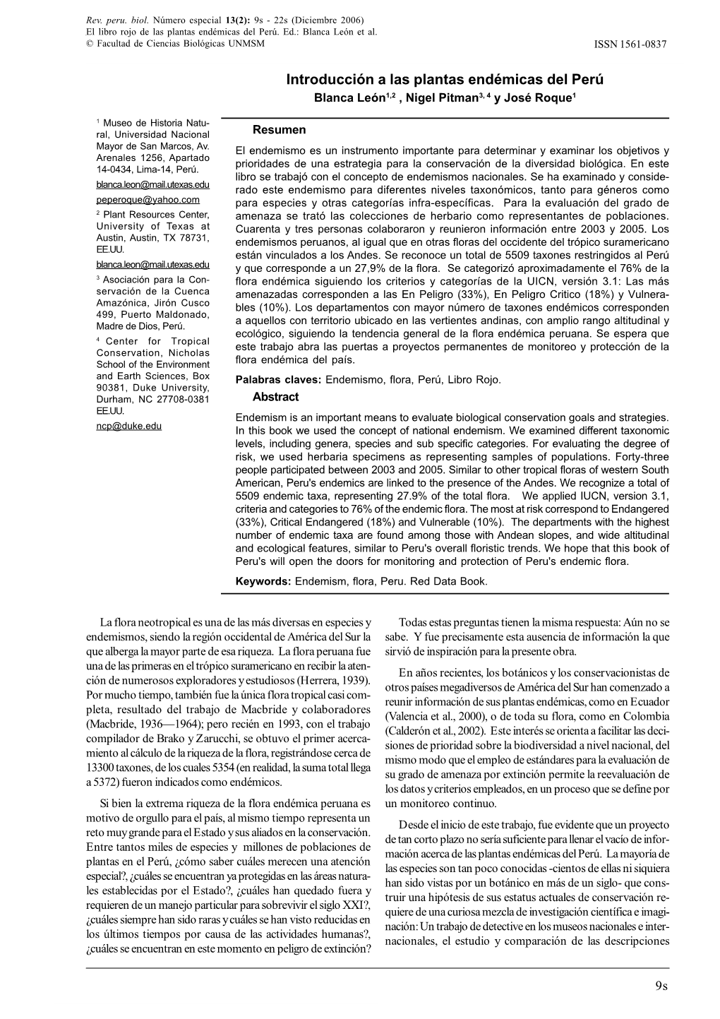 INTRODUCCIÓN a LAS PLANTAS ENDÉMICAS DEL PERÚ © Facultad De Ciencias Biológicas UNMSM ISSN 1561-0837