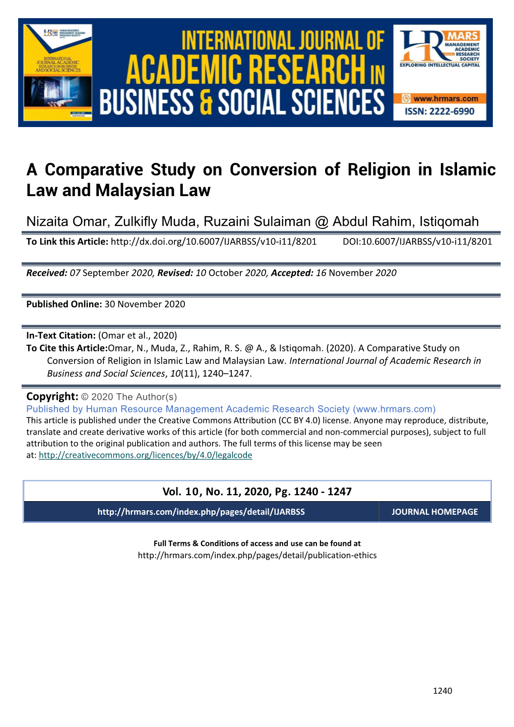 A Comparative Study on Conversion of Religion in Islamic Law and Malaysian Law