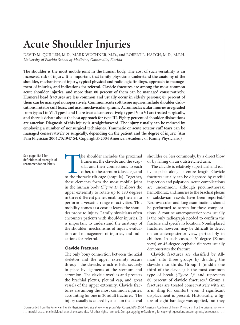 Acute Shoulder Injuries DAVID M