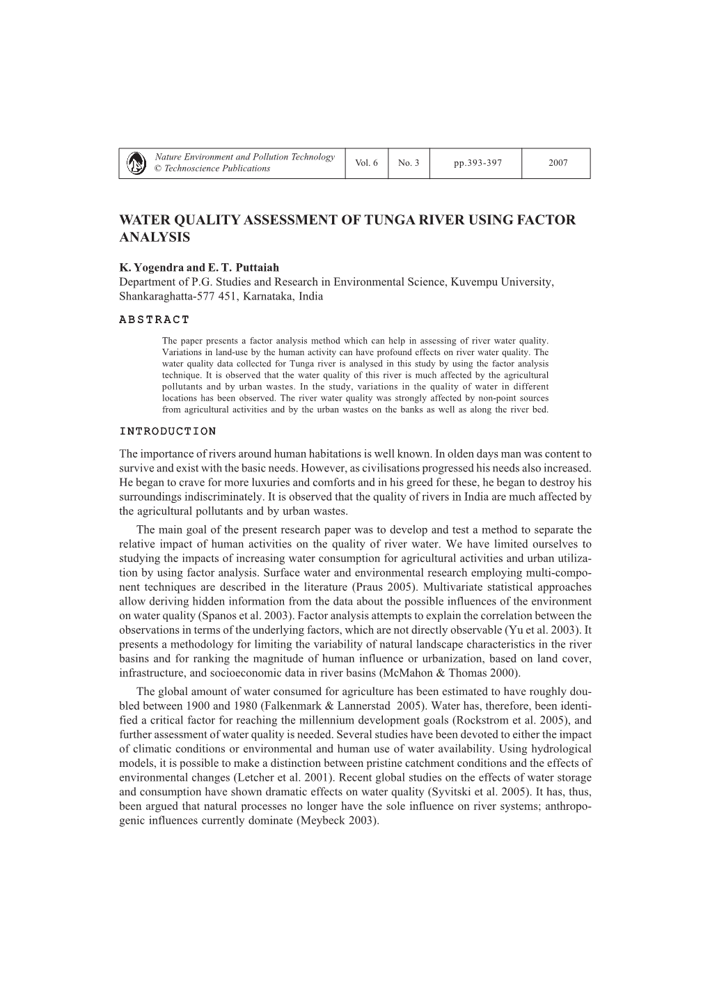 Water Quality Assessment of Tunga River Using Factor Analysis