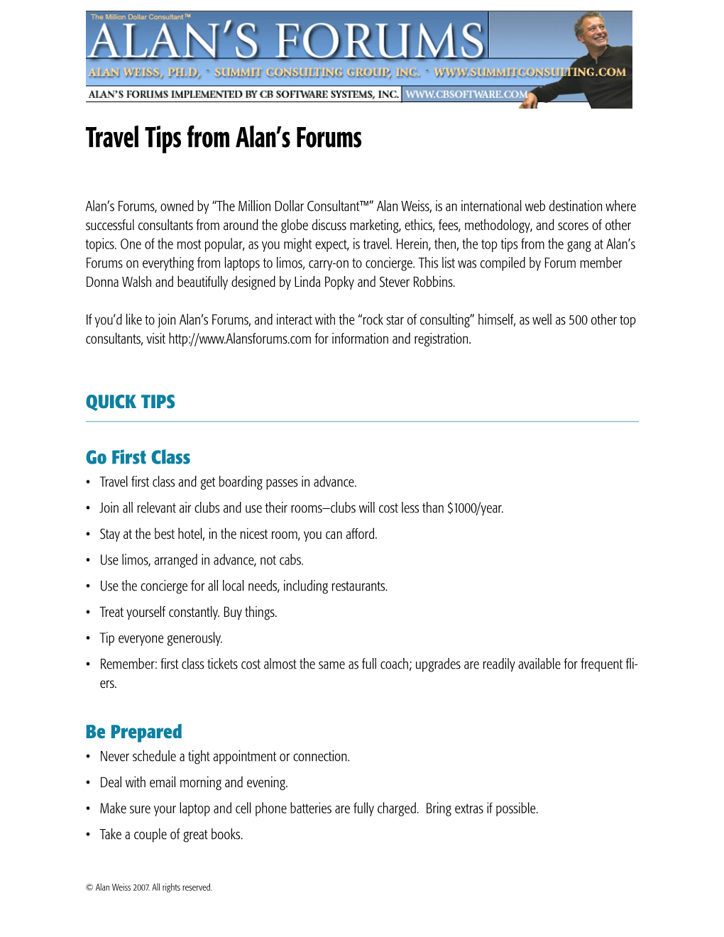 Travel Tips from Alan's Forums