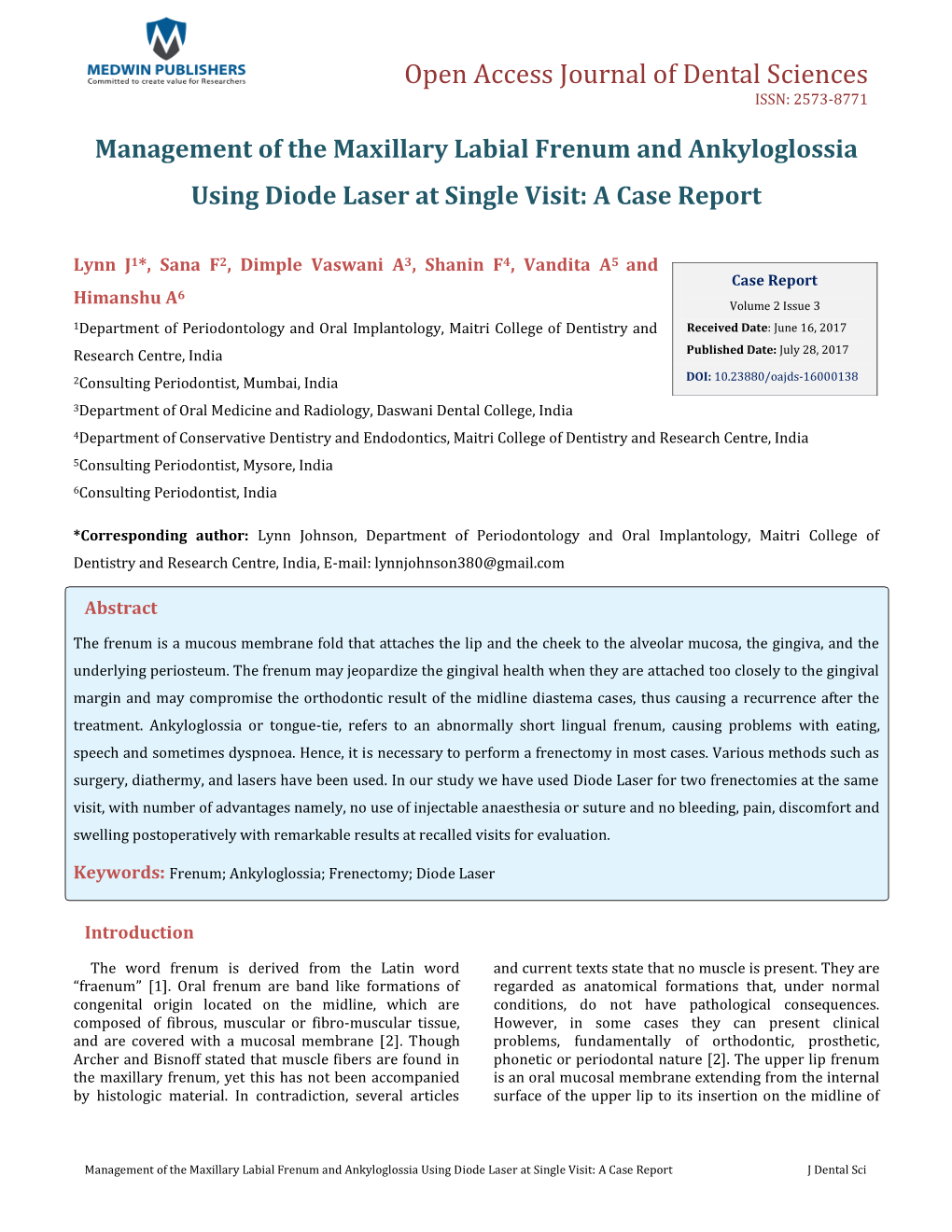 Management of the Maxillary Labial Frenum and Ankyloglossia Using Diode Laser at Single Visit: a Case Report