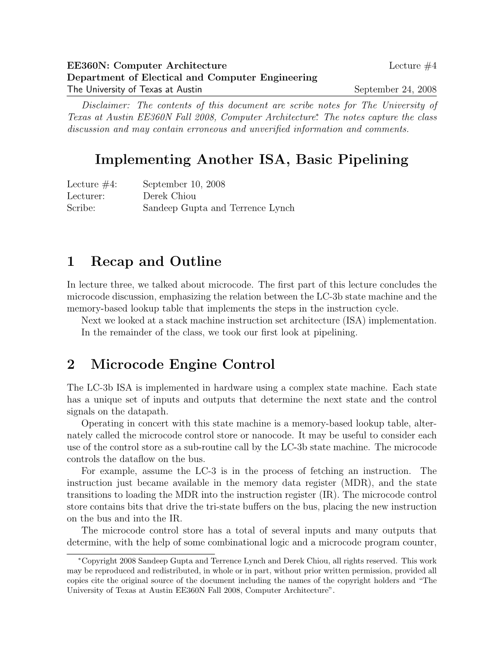 Implementing Another ISA, Basic Pipelining 1 Recap and Outline 2