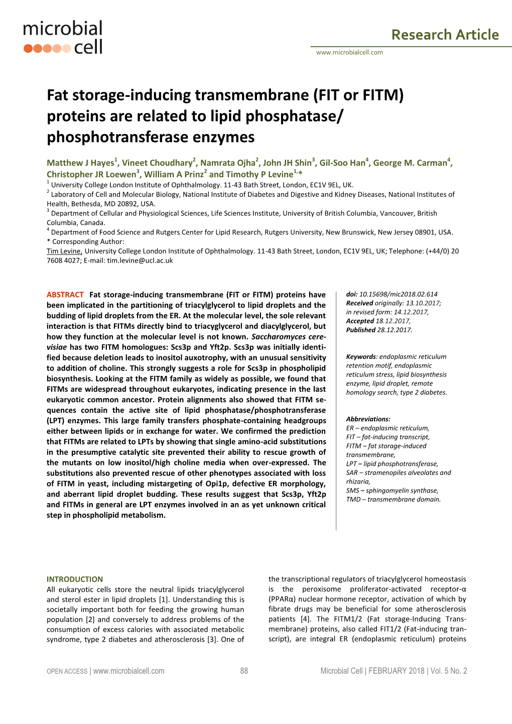 Fat Storage-Inducing Transmembrane (FIT Or FITM) Proteins Are Related to Lipid Phosphatase/ Phosphotransferase Enzymes