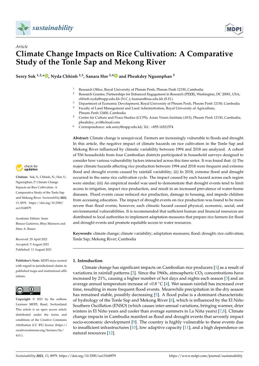 Climate Change Impacts on Rice Cultivation: a Comparative Study of the Tonle Sap and Mekong River