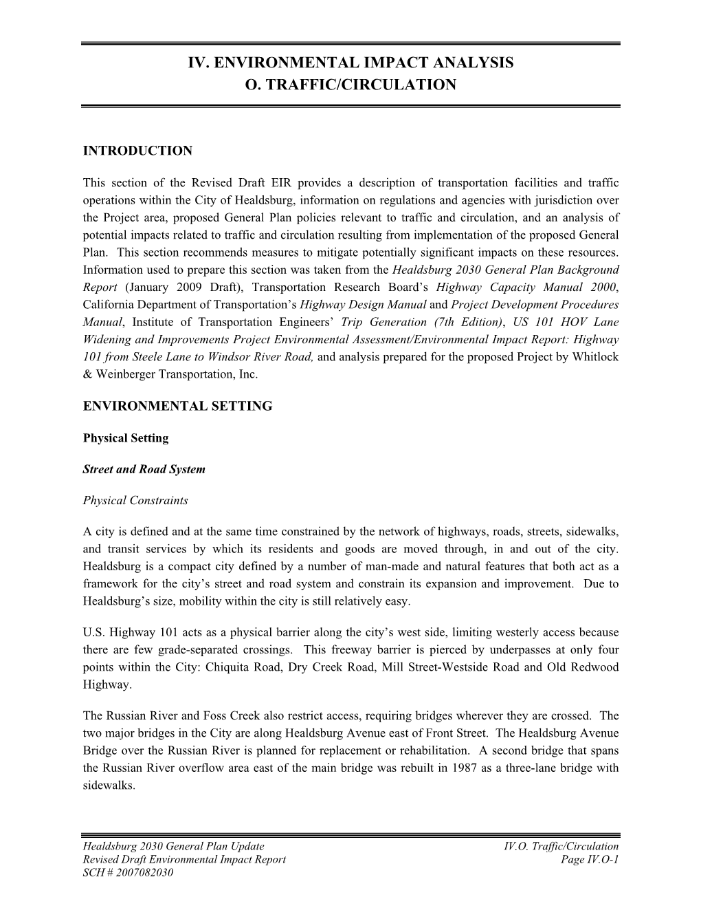 Iv. Environmental Impact Analysis O. Traffic/Circulation