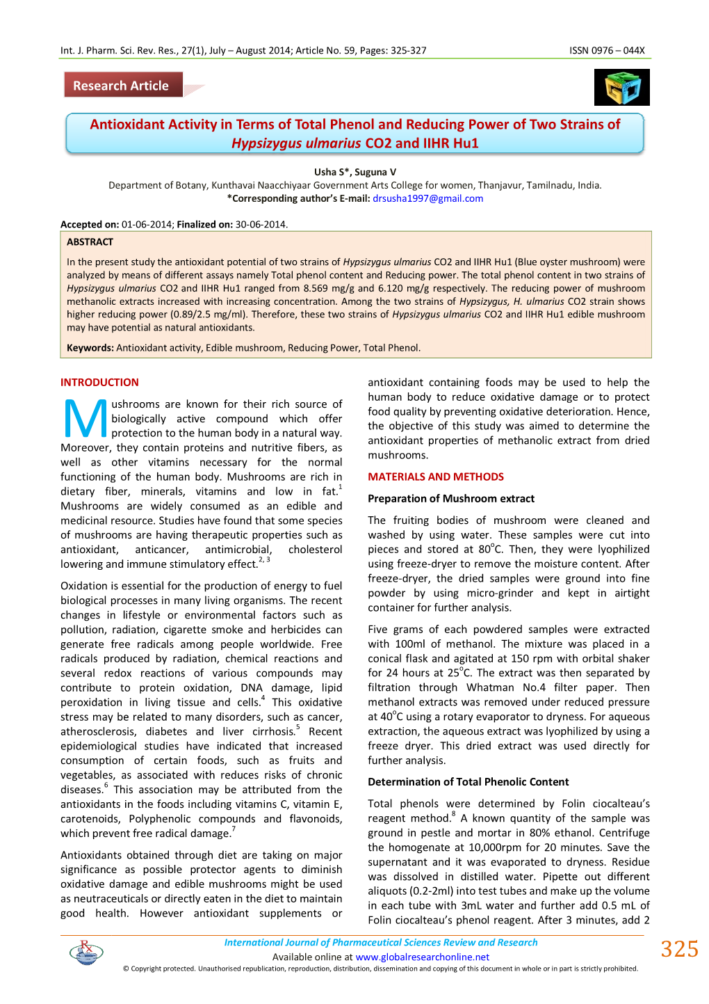 Antioxidant Activity in Terms of Total Phenol and Reducing Power of Two Strains of Hypsizygus Ulmarius CO2 and IIHR Hu1